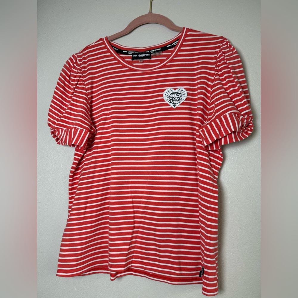 Karl Lagerfeld Coral and White Striped Short Sleeve Tee with Heart Patch